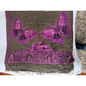 Pashmina & Silk Butterfly Wrap Scarf - Purple & Charcoal - Oversized Shawl